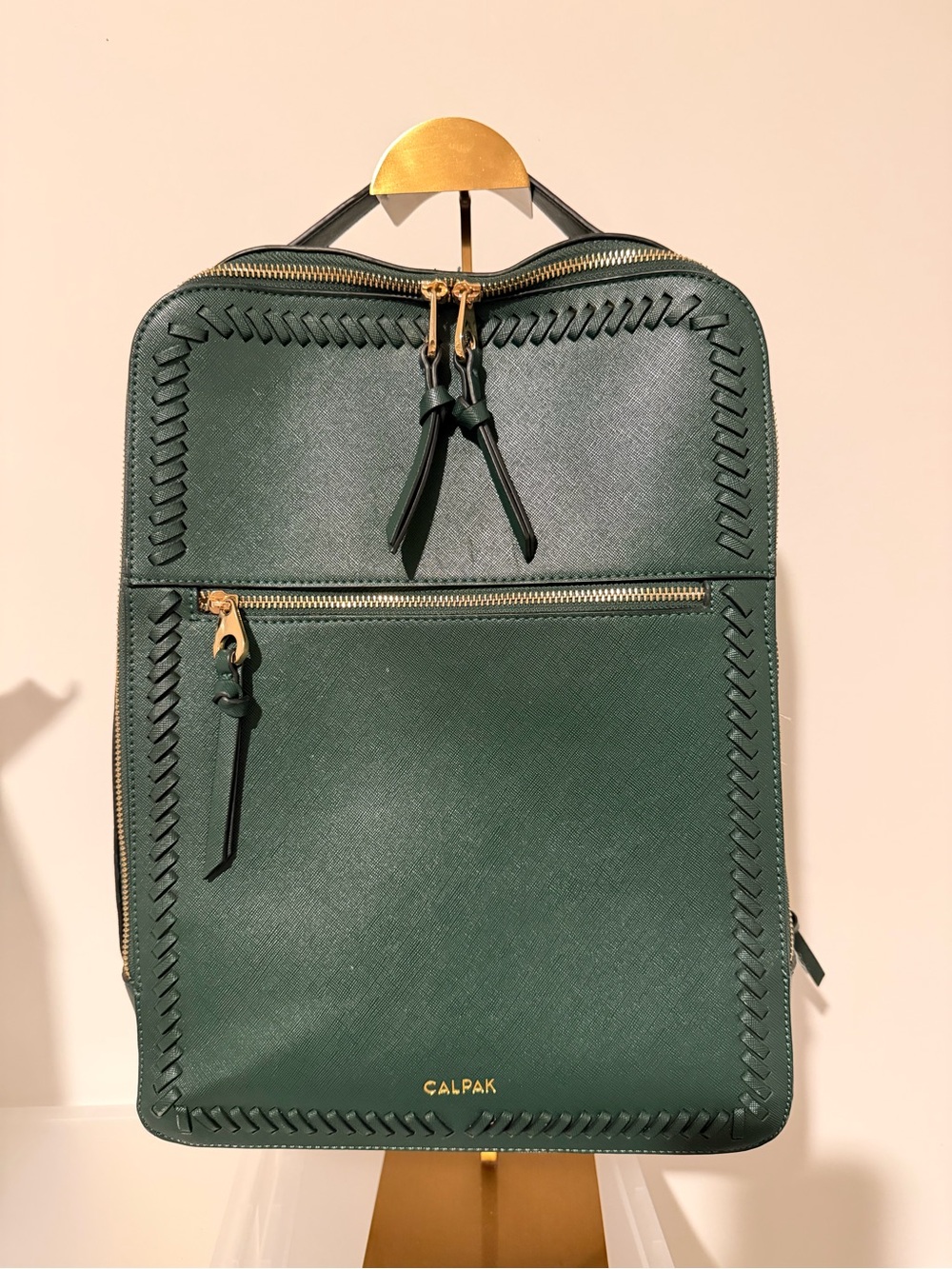 Calpak Dark Green Leather Backpack with Gold Hardware